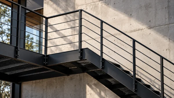 Escalera metálica con barandilla de acero junto a un muro de hormigón, trabajo de cerrajería de Esvedra